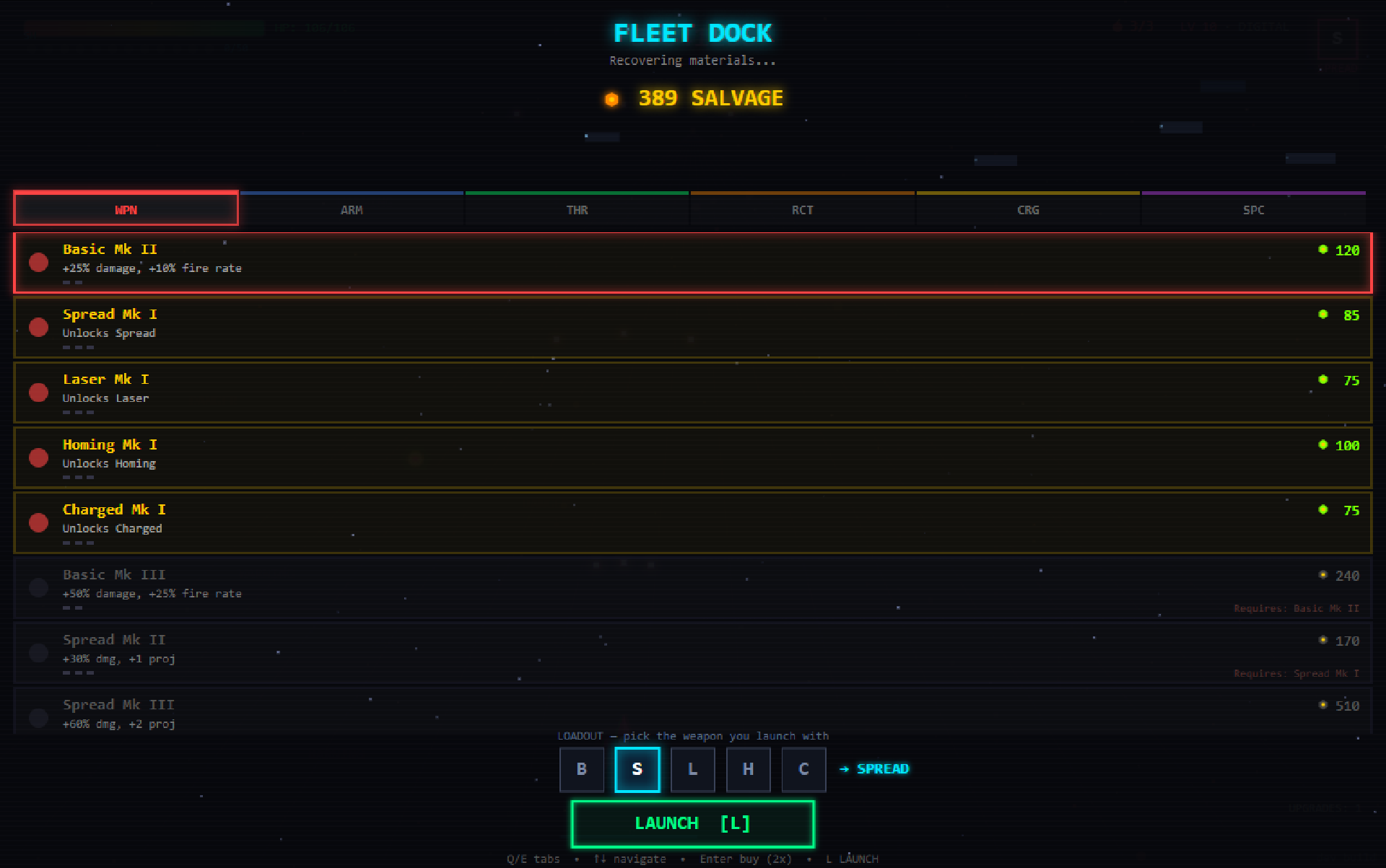 The Fleet Dock shop with weapon, armor, thruster and reactor tabs