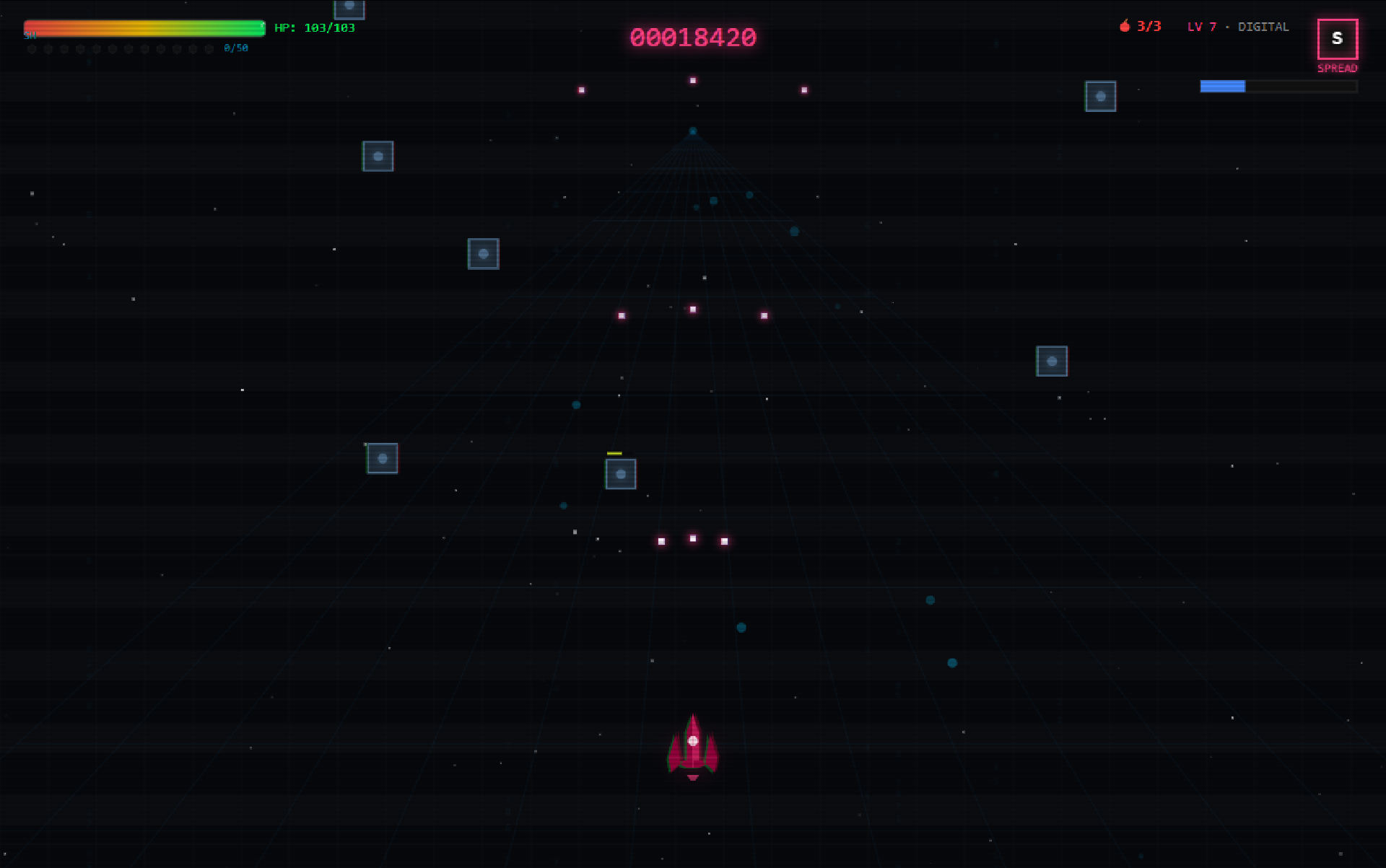 Glitch Wars gameplay: a pink fighter firing a spread shot at glitching enemies over a neon grid